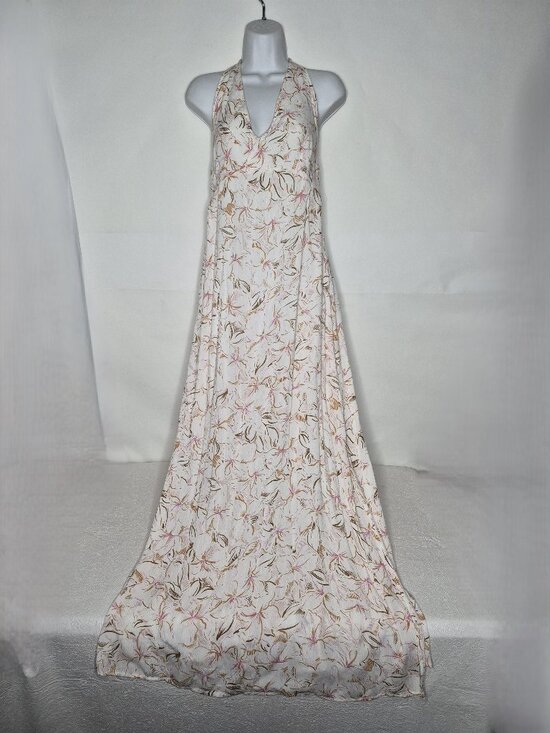 O'Neill Dresses & Skirts - O'Neill Floral Womens L Lined Backless V-Neck Maxi Halter Dress Ivory Pink Brown